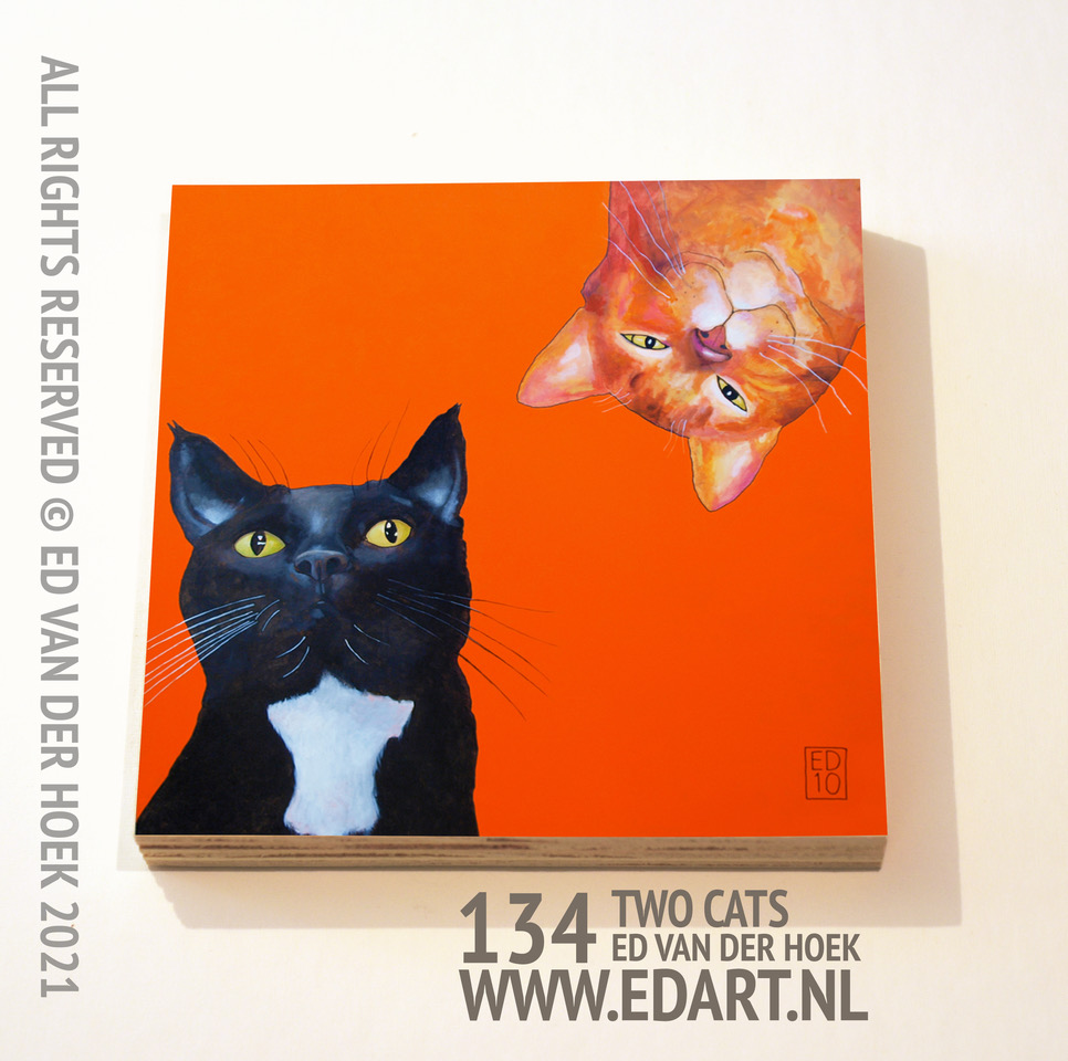 134 Two Cats print op hout`